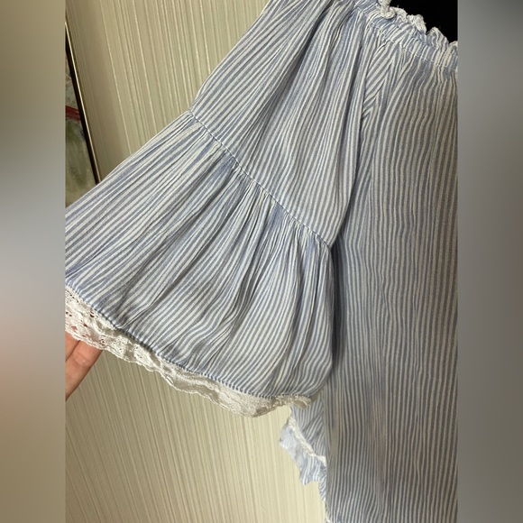 American Eagle coastal boho striped top with lace and tassel ties M blue - Picture 3 of 8